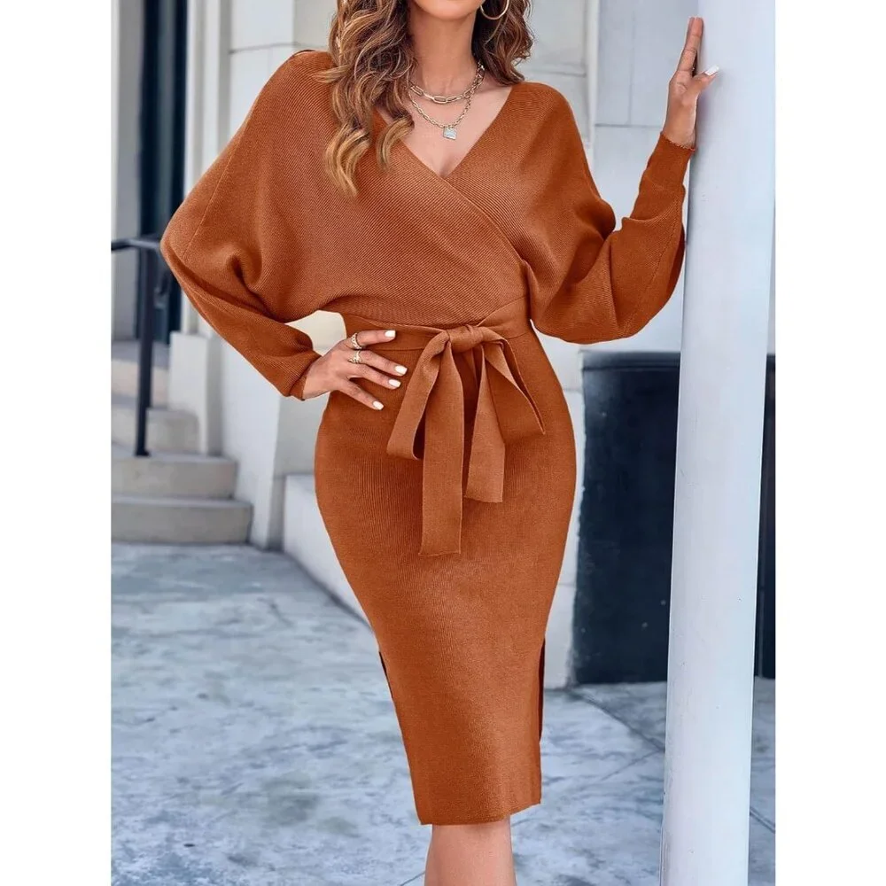 Women's Sweater Dress Wrap Batwing V Neck Slit Bodycon Dress with Belt Rust - Picture 6 of 6